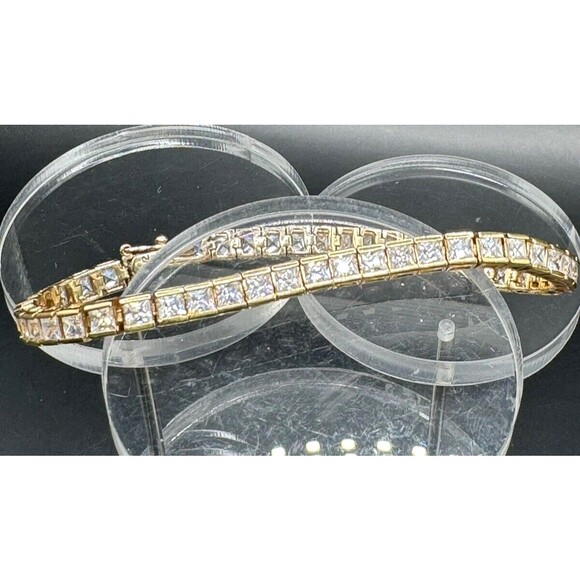 Tennis Bracelet Gold Tone 925 Box Chain Cubic Zirconia Signed R 7 1/2" - Picture 2 of 8